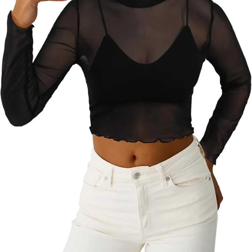 Sophisticated Long Sleeve Sheer Mesh Crop Top with Polka Dots - XL